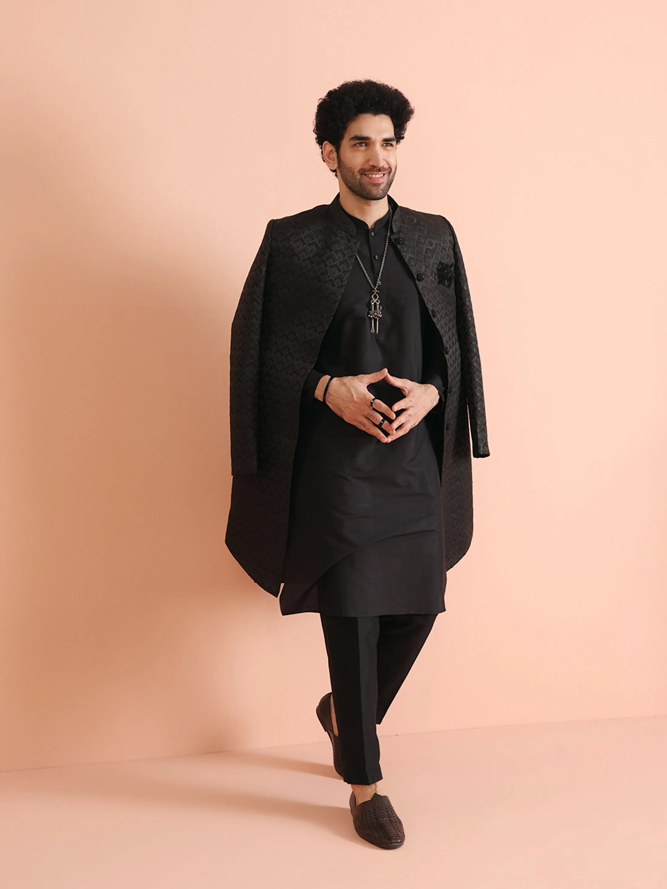 Men Black Self Design Kurta Indowestern Trousers Set