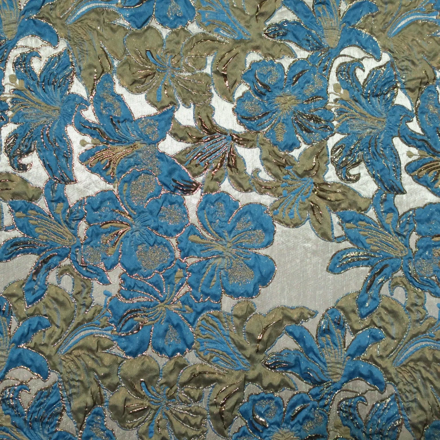 Metallic Background with Aqua Floral Textured Brocade Fabric