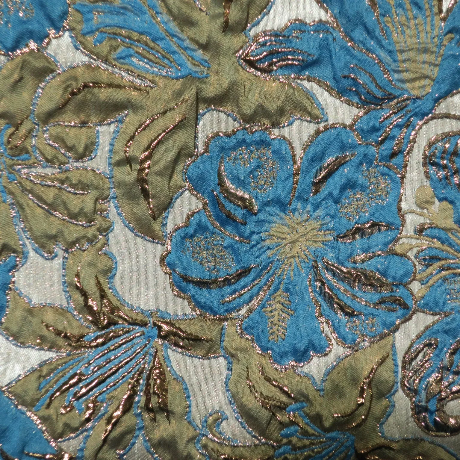 Metallic Background with Aqua Floral Textured Brocade Fabric