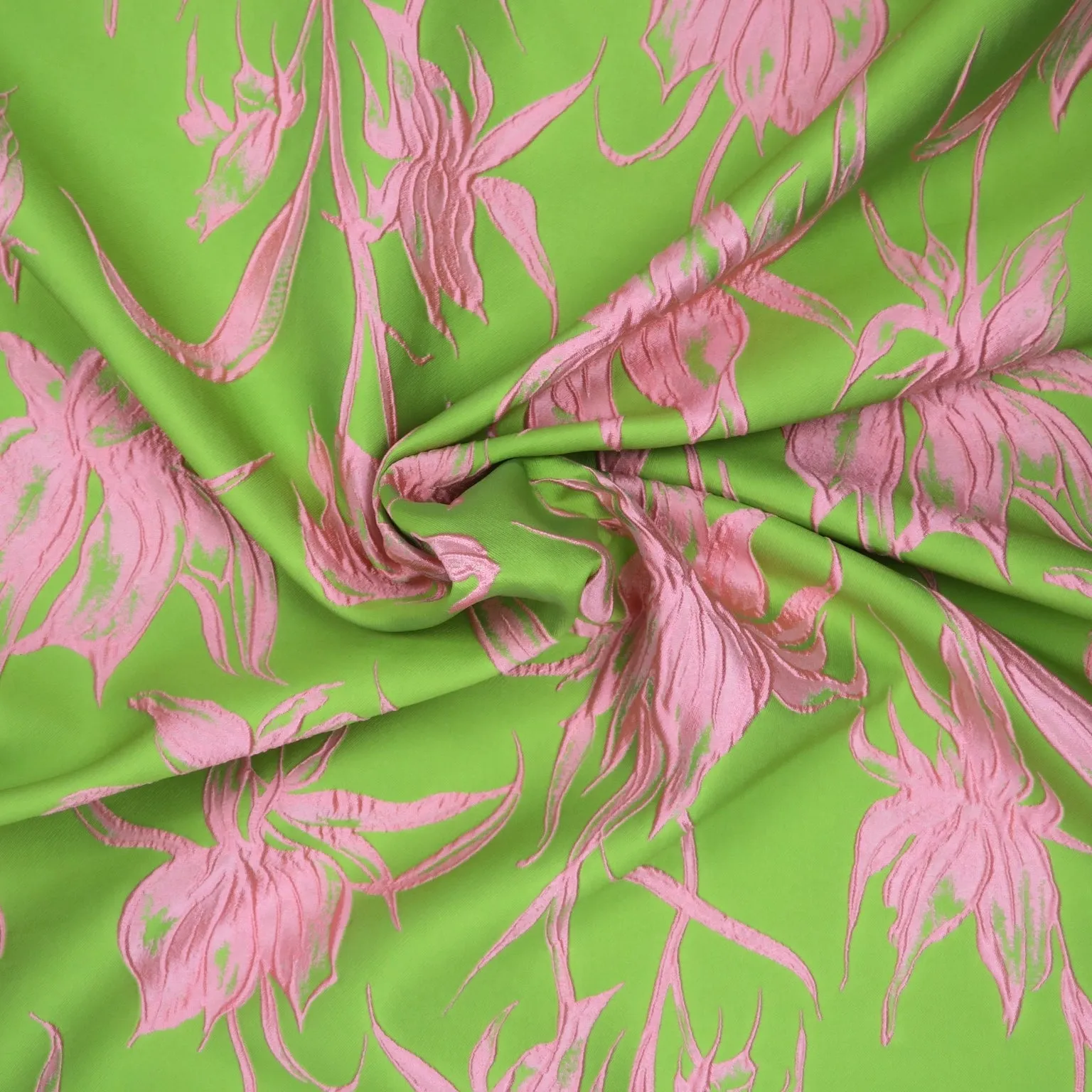 Neon Green with Blush Floral Embossed Reversible Textured Jacquard Brocade Fabric