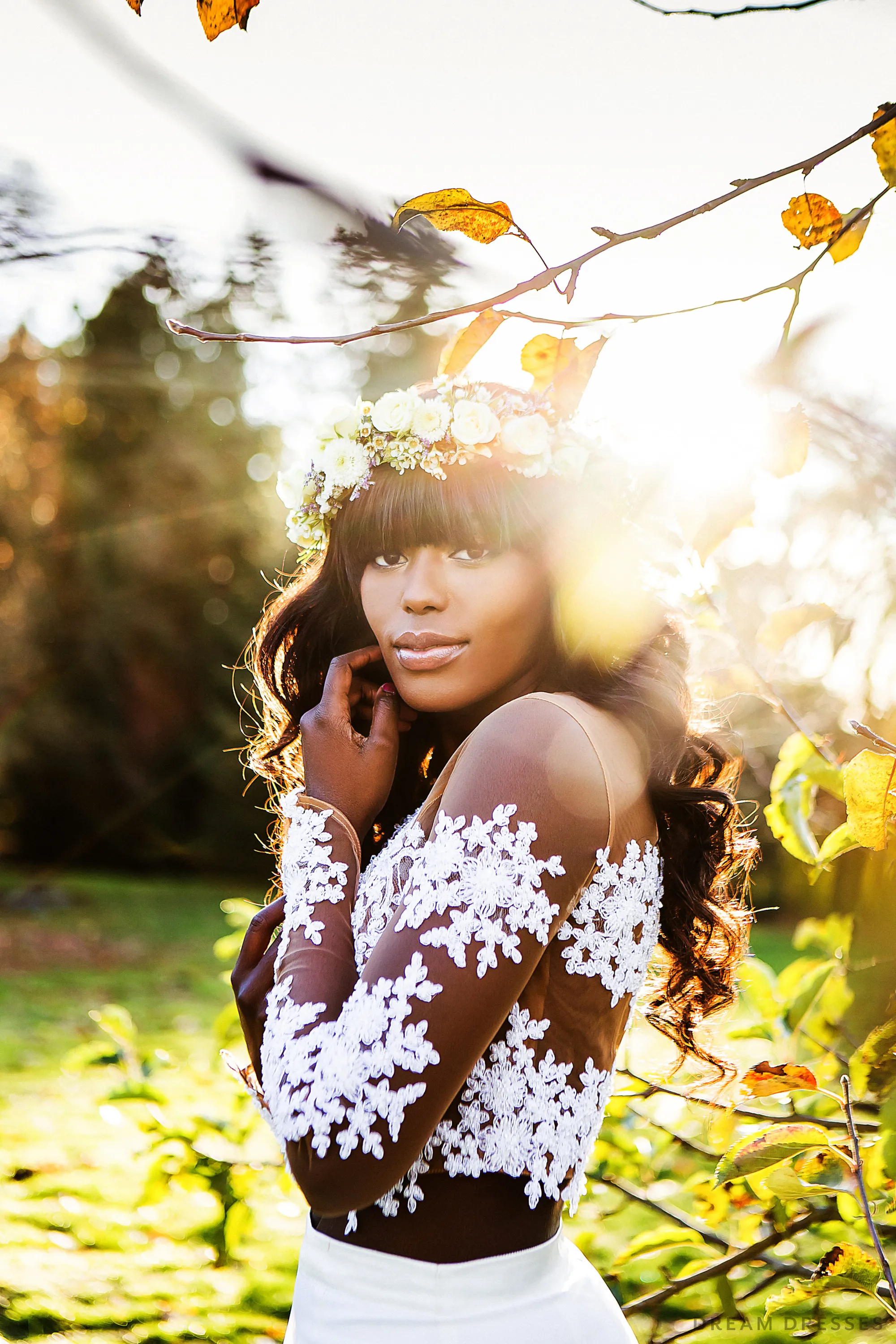 Nude Tulle Bridal Crop Top with White Lace (#MARENA)