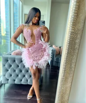 pink Short Prom Dress For Black Girls 2024 Beaded Evening Gown Feathers Birthday Party Gowns Mermaid Robe De Bal Aso Ebi