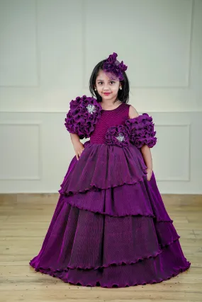 Pre-Order: Plum Purple Asymmetrical Layered Gown In Pleated Texture Fabric