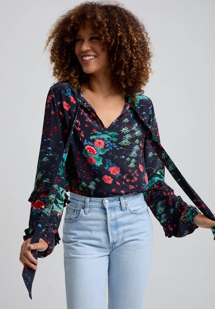 Rina Ruffle Sleeve Wonderland Print Blouse In Black