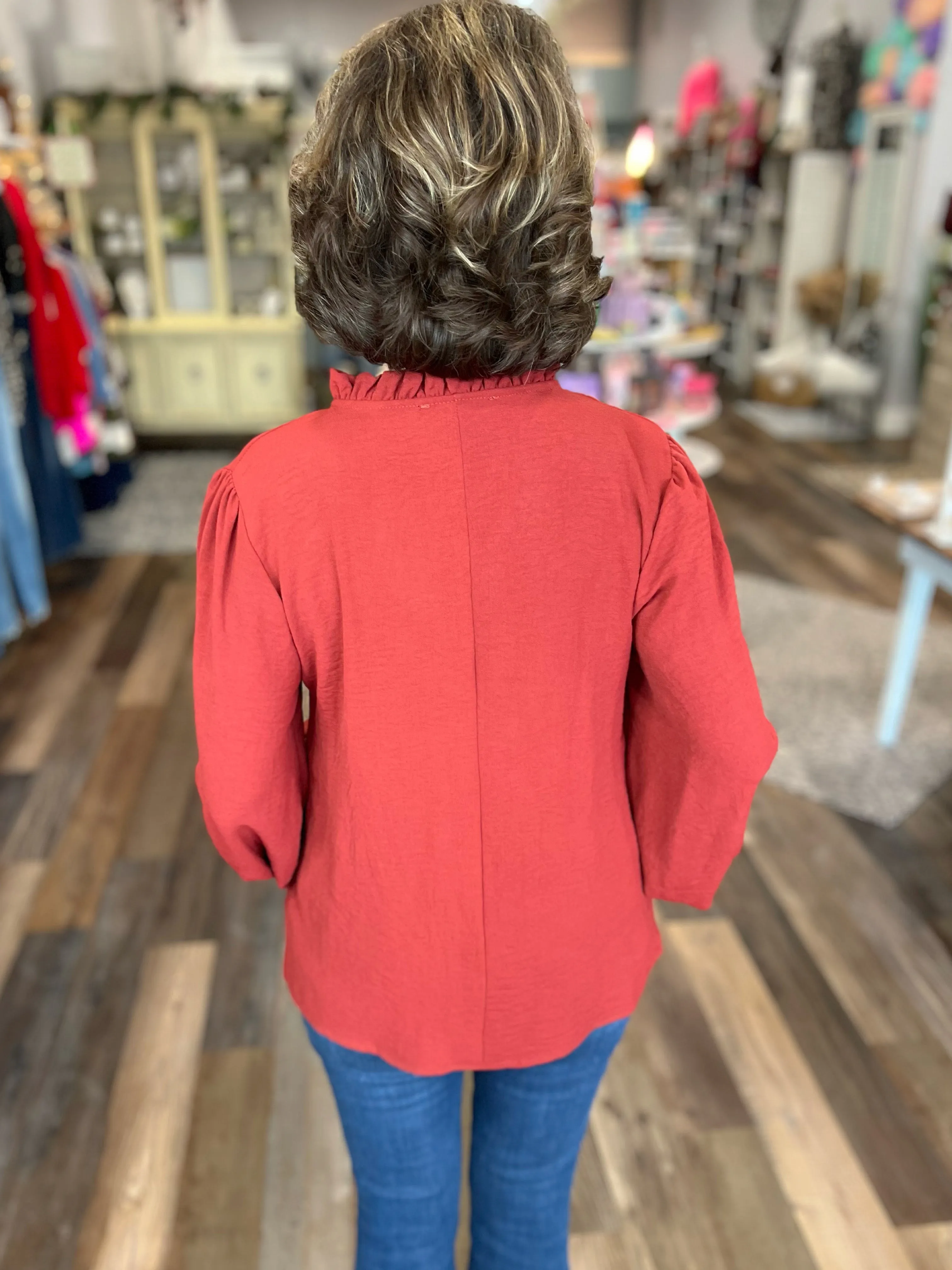 Ruffle Neck Blouse w/ Tie in Brick