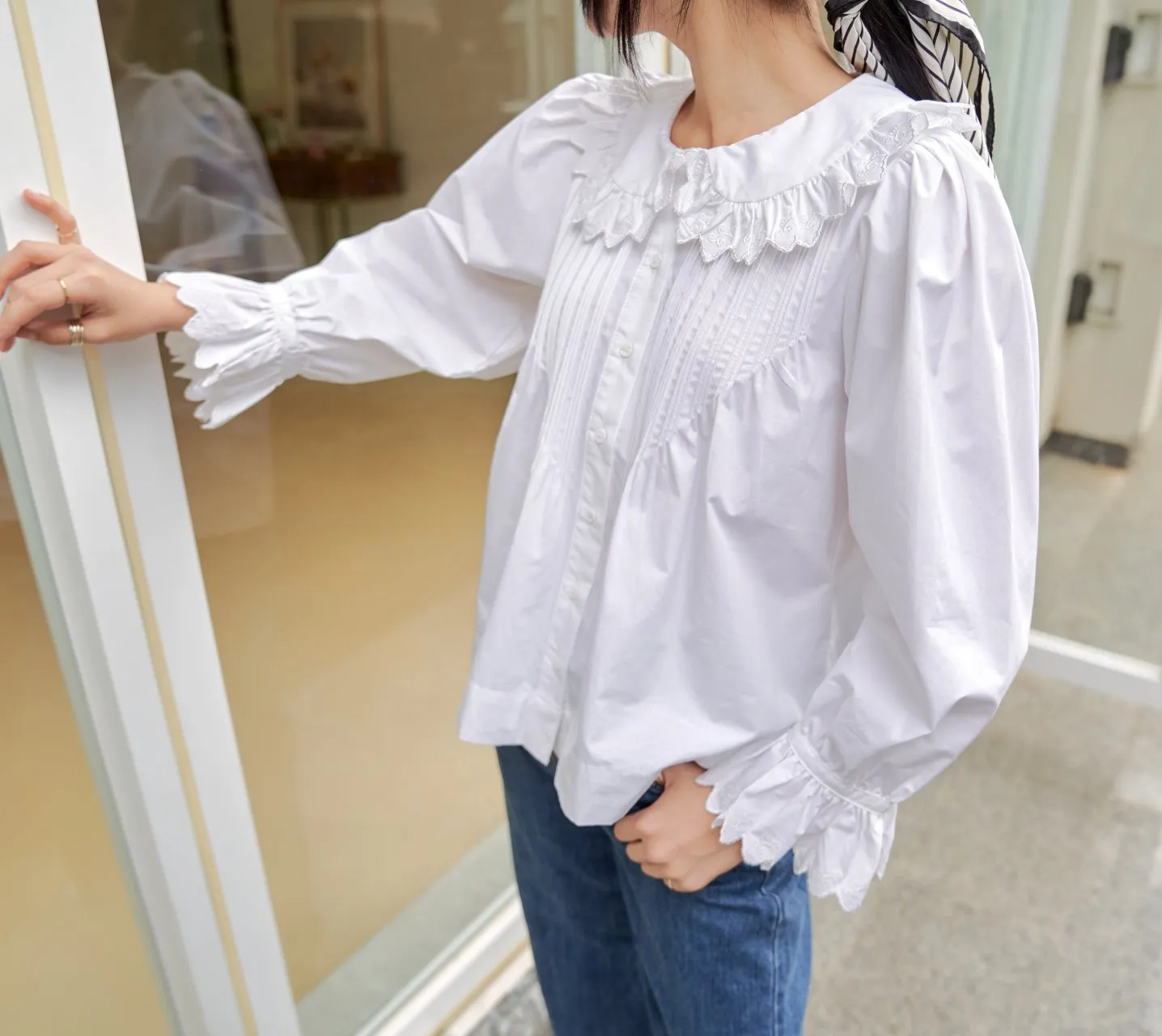 RUFFLE SHAWL COLLAR COTTON BLOUSE