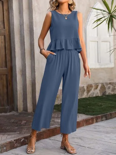 Ruffled Round Neck Tank and Pants Set