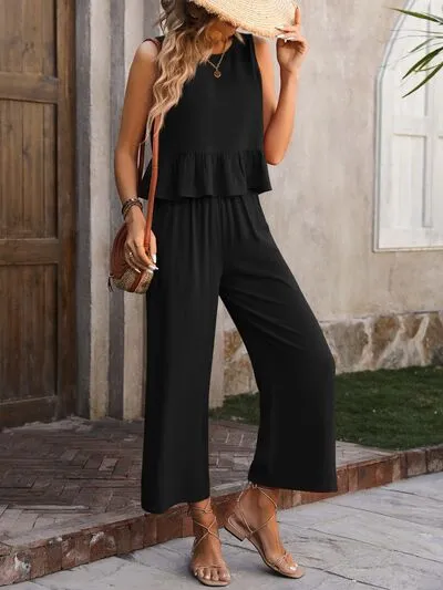 Ruffled Round Neck Tank and Pants Set