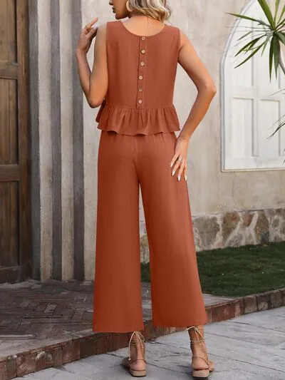 Ruffled Round Neck Tank and Pants Set