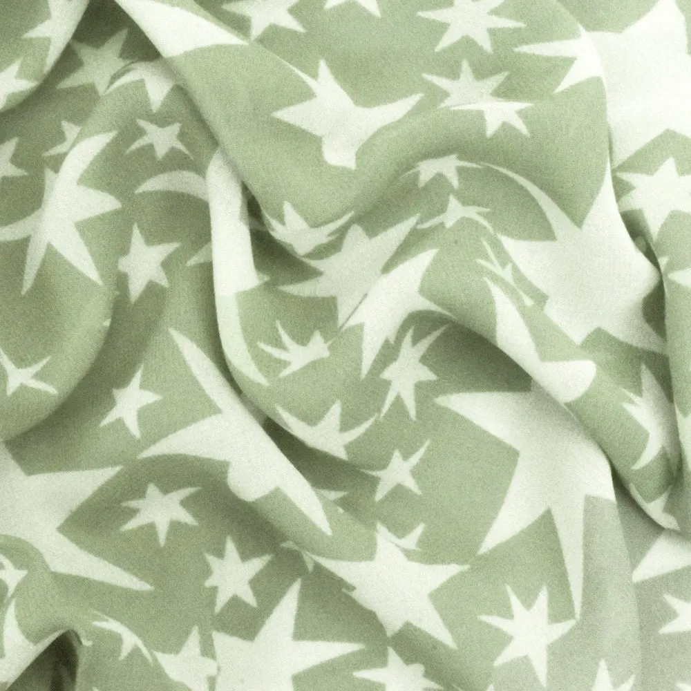 Sage Green-White Shooting Star Printed Rayon Georgette Woven Fabric