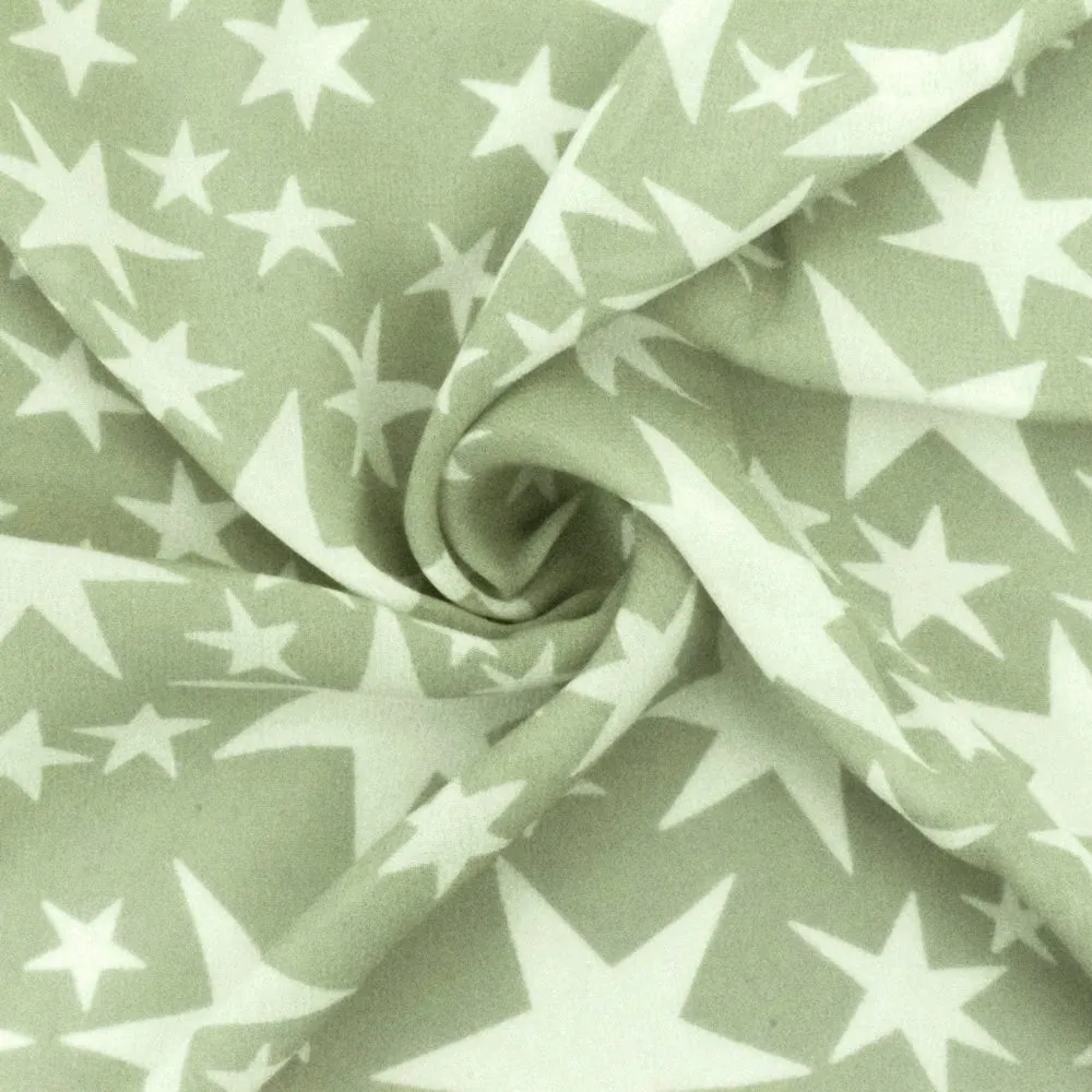 Sage Green-White Shooting Star Printed Rayon Georgette Woven Fabric