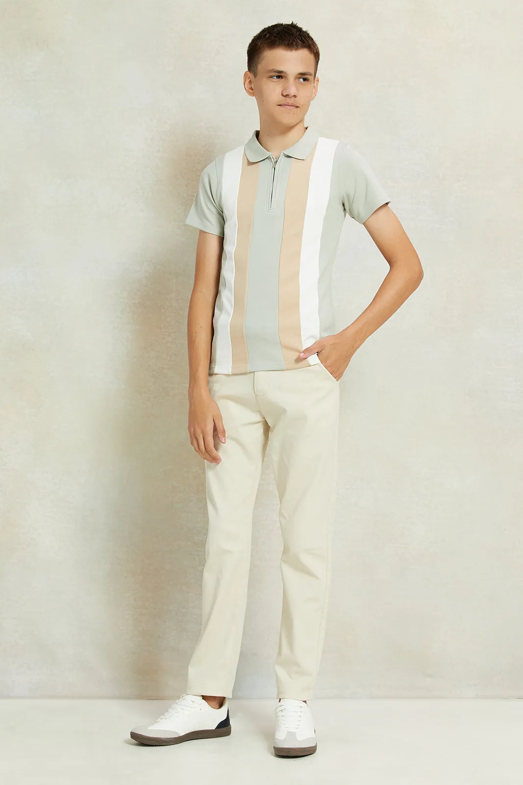 Senior Boys Beige Belted Casual Trousers