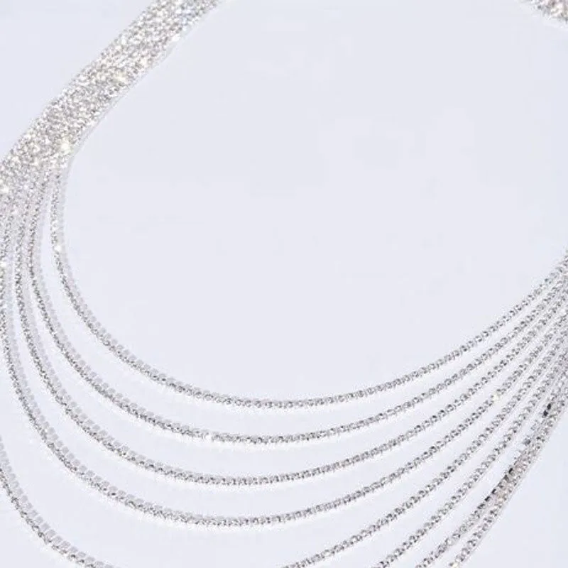 Sparkly Rhinestone Embellished Tassel Layered Backdrop Necklace - Silver