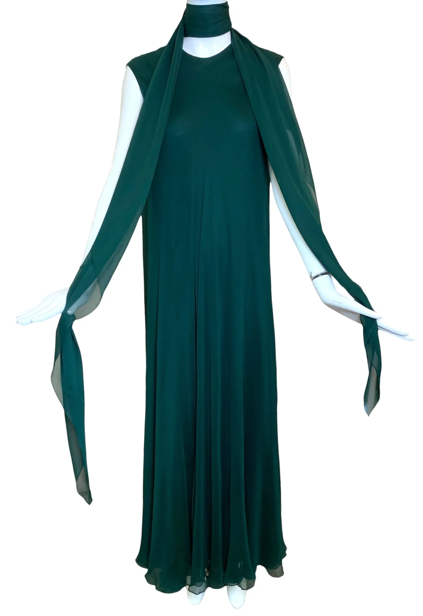 Stavropoulos '70s Emerald Green Silk Chiffon Gown & Scarf