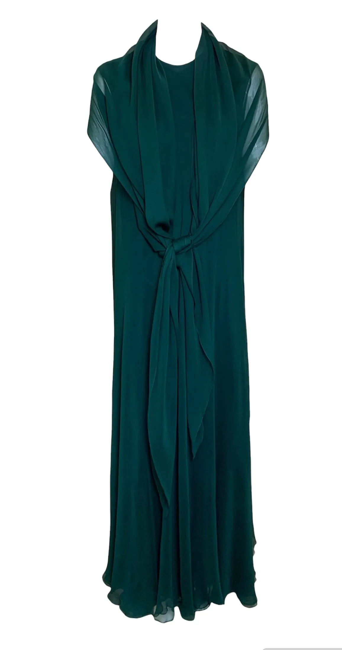 Stavropoulos '70s Emerald Green Silk Chiffon Gown & Scarf