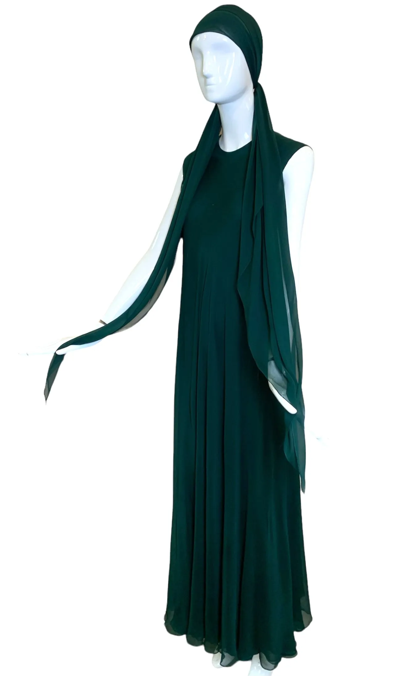 Stavropoulos '70s Emerald Green Silk Chiffon Gown & Scarf