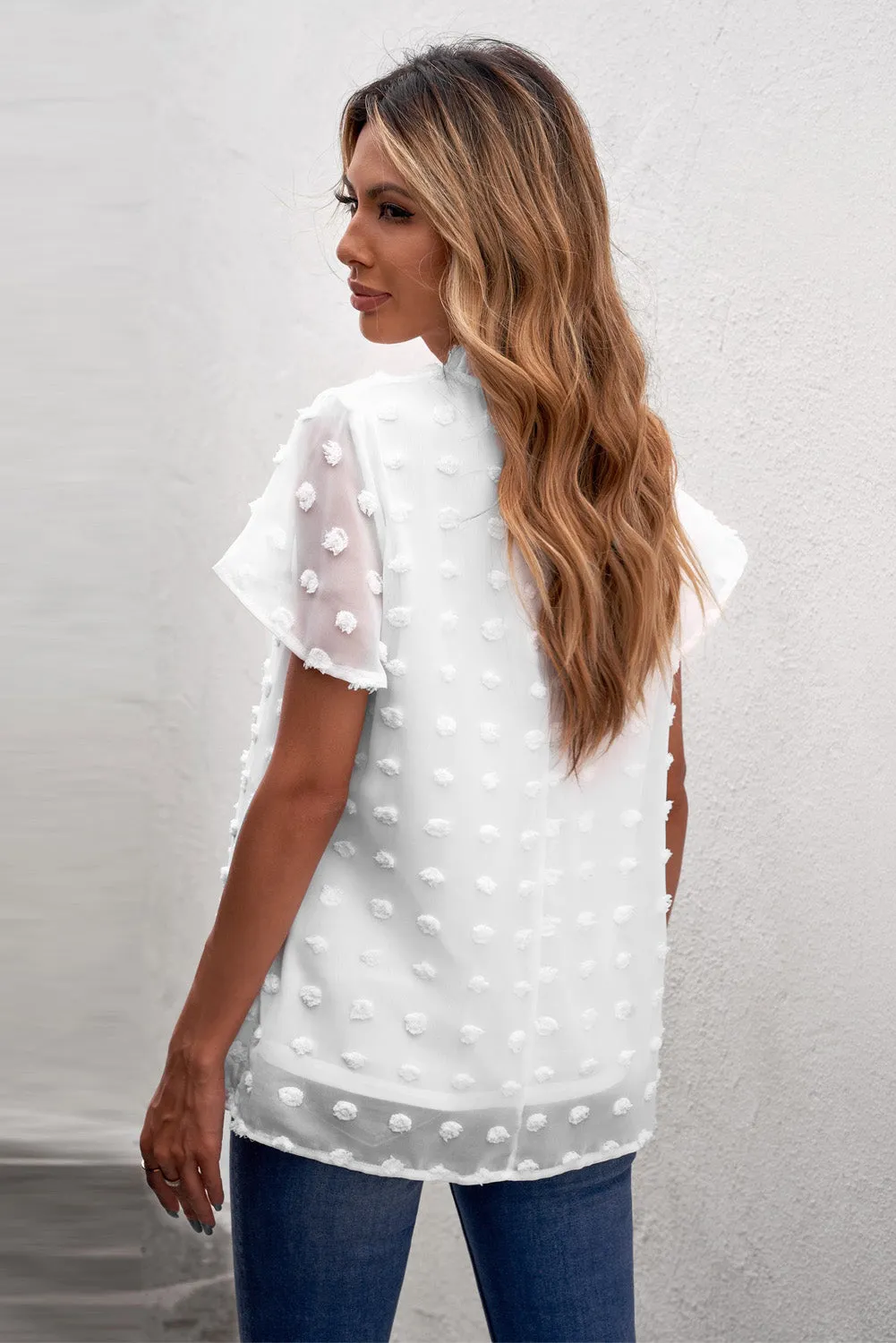 Summer White Short Ruffled Sleeve Swiss Dot Blouse