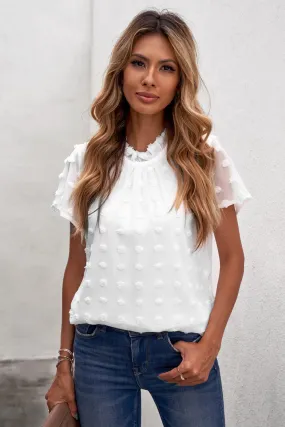 Summer White Short Ruffled Sleeve Swiss Dot Blouse