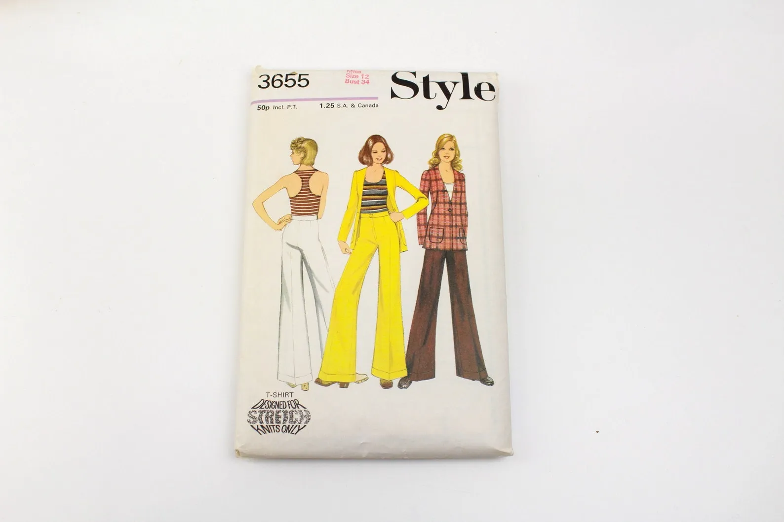 Vintage 1970s Women's Jacket/ Trousers/ T-shirt Sewing Pattern, Style 3655, Wide Leg Pants Pattern, Uncut/ Complete, Bust 34"