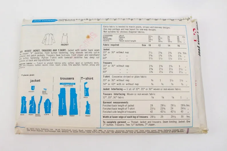 Vintage 1970s Women's Jacket/ Trousers/ T-shirt Sewing Pattern, Style 3655, Wide Leg Pants Pattern, Uncut/ Complete, Bust 34"