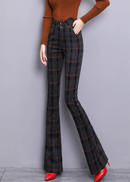 Vintage Red Plaid Button Zippered Woolen Bell Bottomed Trousers Spring LY0167