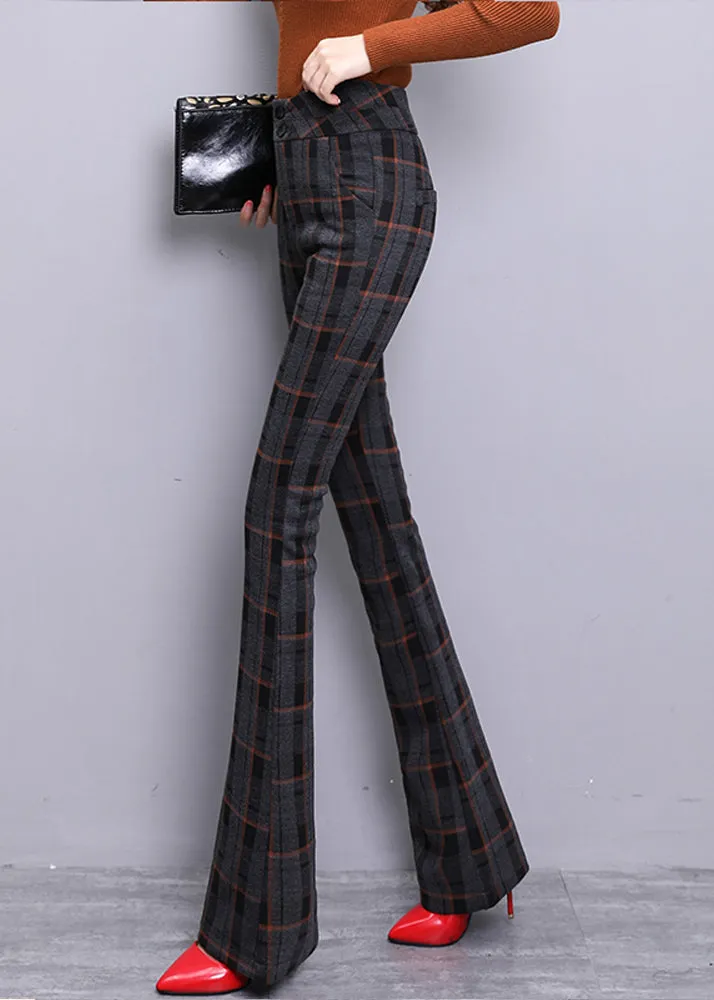 Vintage Red Plaid Button Zippered Woolen Bell Bottomed Trousers Spring LY0167