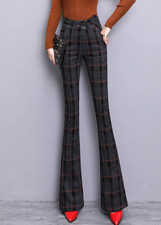 Vintage Red Plaid Button Zippered Woolen Bell Bottomed Trousers Spring LY0167