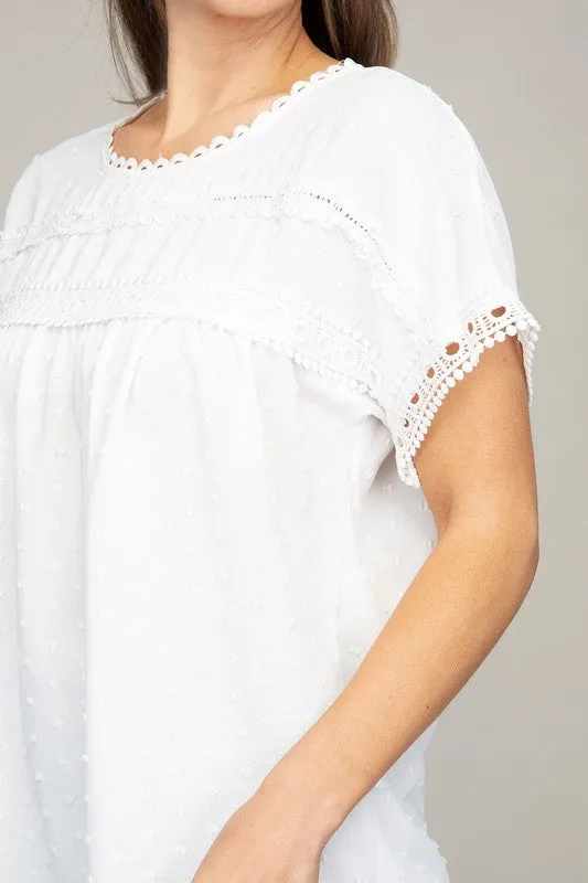 White Swiss Dot Lace Trim Blouse