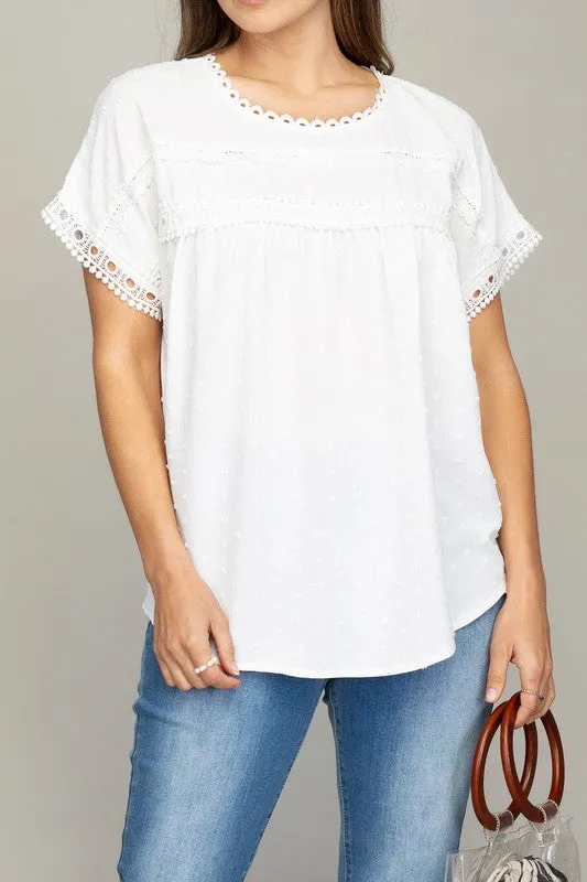 White Swiss Dot Lace Trim Blouse