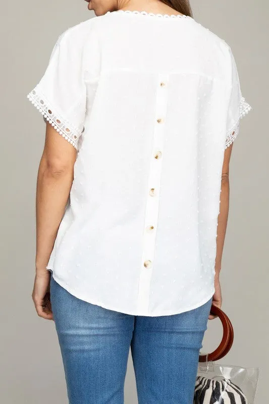 White Swiss Dot Lace Trim Blouse