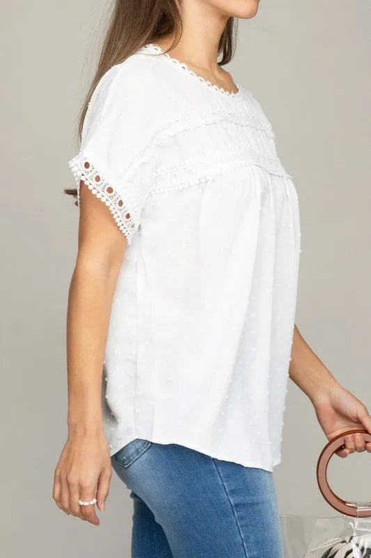 White Swiss Dot Lace Trim Blouse