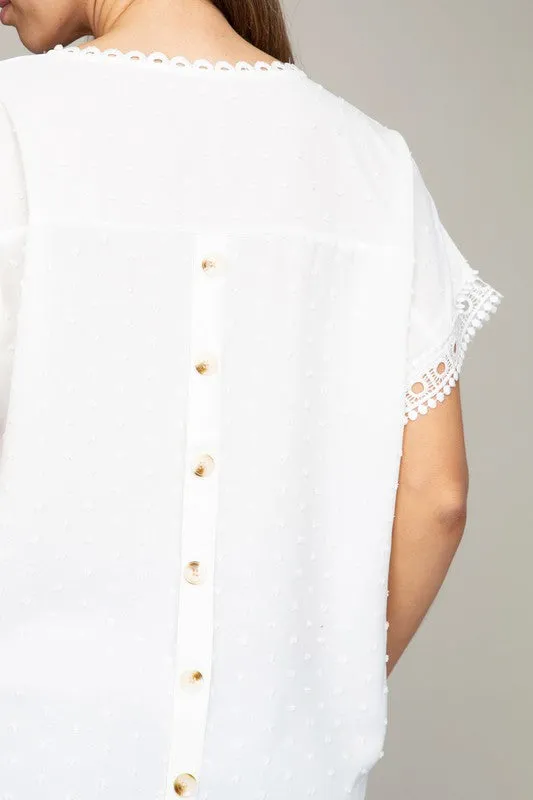 White Swiss Dot Lace Trim Blouse