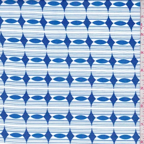 White/Blue Geo Rayon Challis Fabric