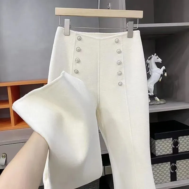 Women Autumn Winter Wide Leg Woolen Pants Solid Color High Waist Trousers