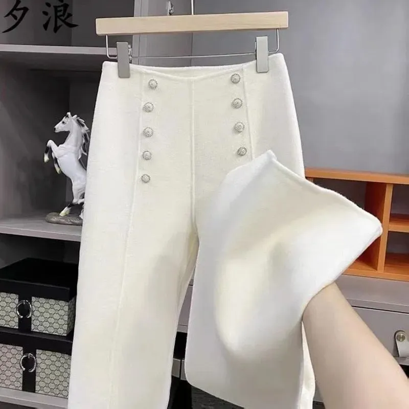 Women Autumn Winter Wide Leg Woolen Pants Solid Color High Waist Trousers