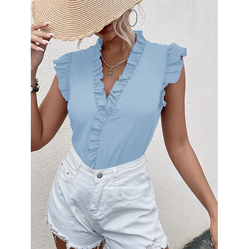 Women's Summer Short-sleeve For Solid Color V-neck Blouses