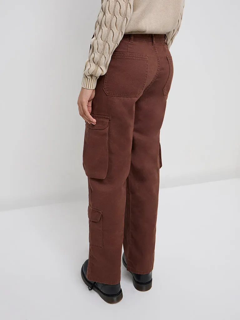 Y&F Kids Brown Cargo-Style High-Rise Cotton Trousers