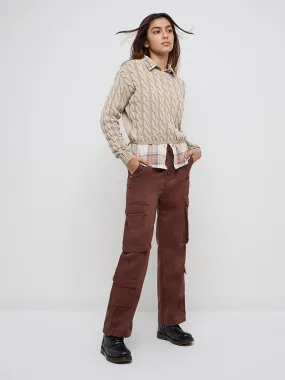 Y&F Kids Brown Cargo-Style High-Rise Cotton Trousers