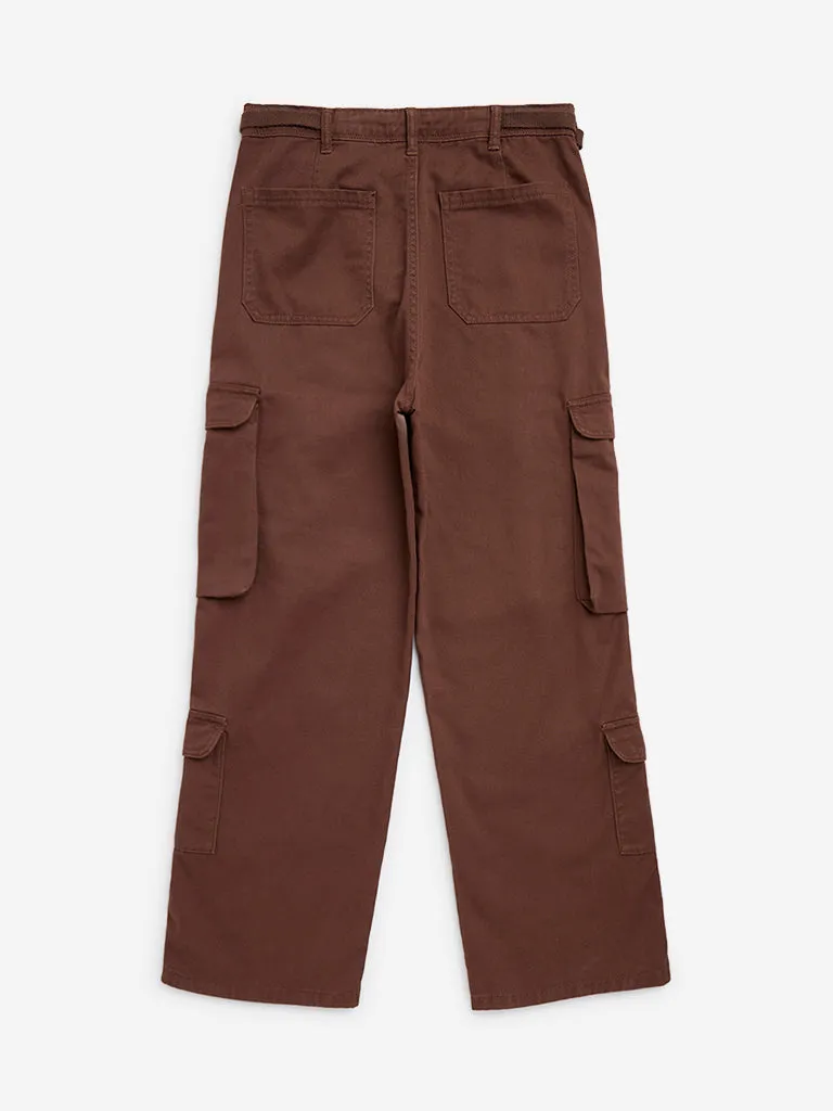 Y&F Kids Brown Cargo-Style High-Rise Cotton Trousers