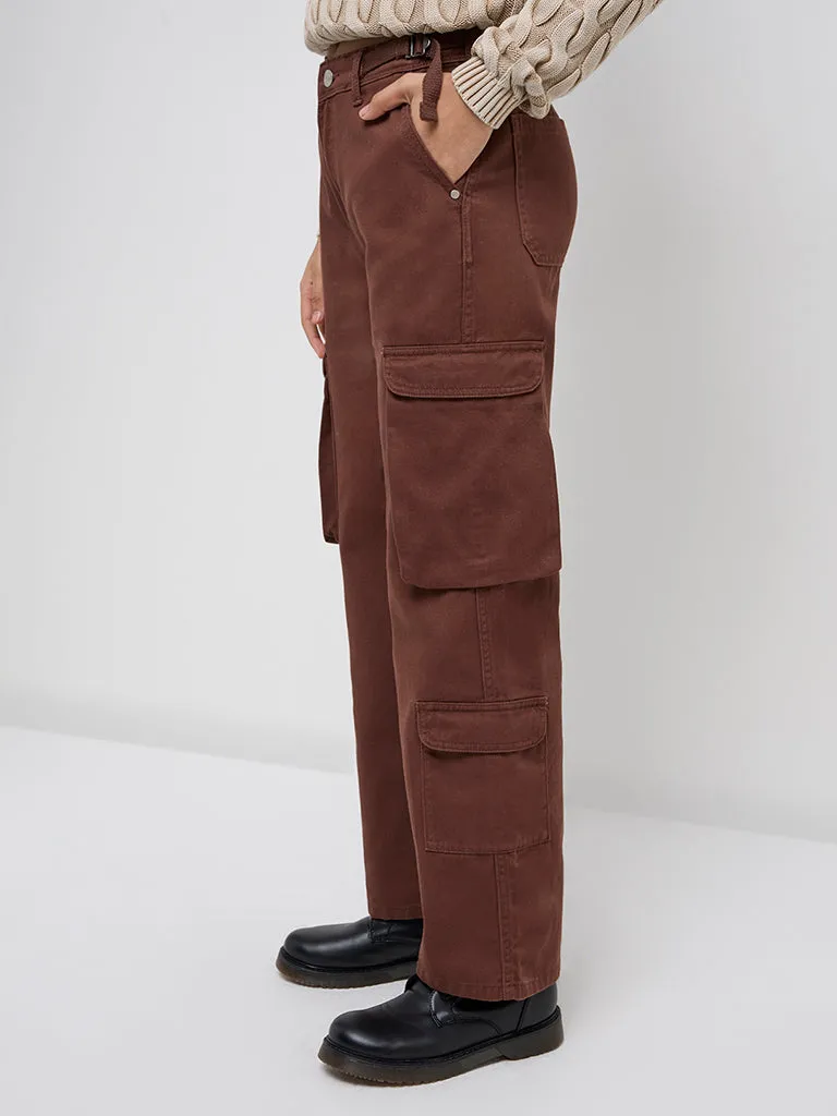 Y&F Kids Brown Cargo-Style High-Rise Cotton Trousers