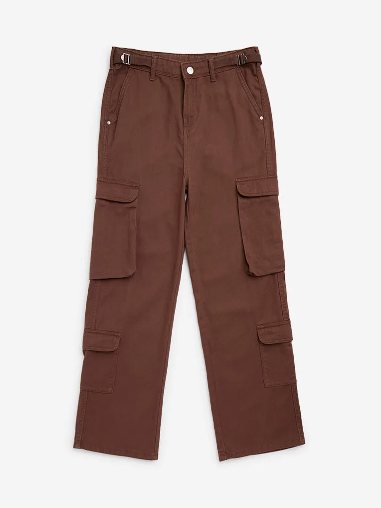 Y&F Kids Brown Cargo-Style High-Rise Cotton Trousers